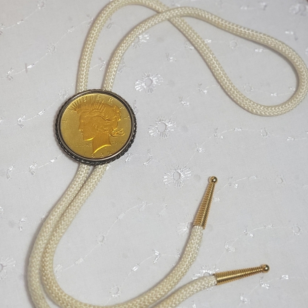 Vintage 1922 One Dollar Gold Coin Bolo Tie with Cream Cord